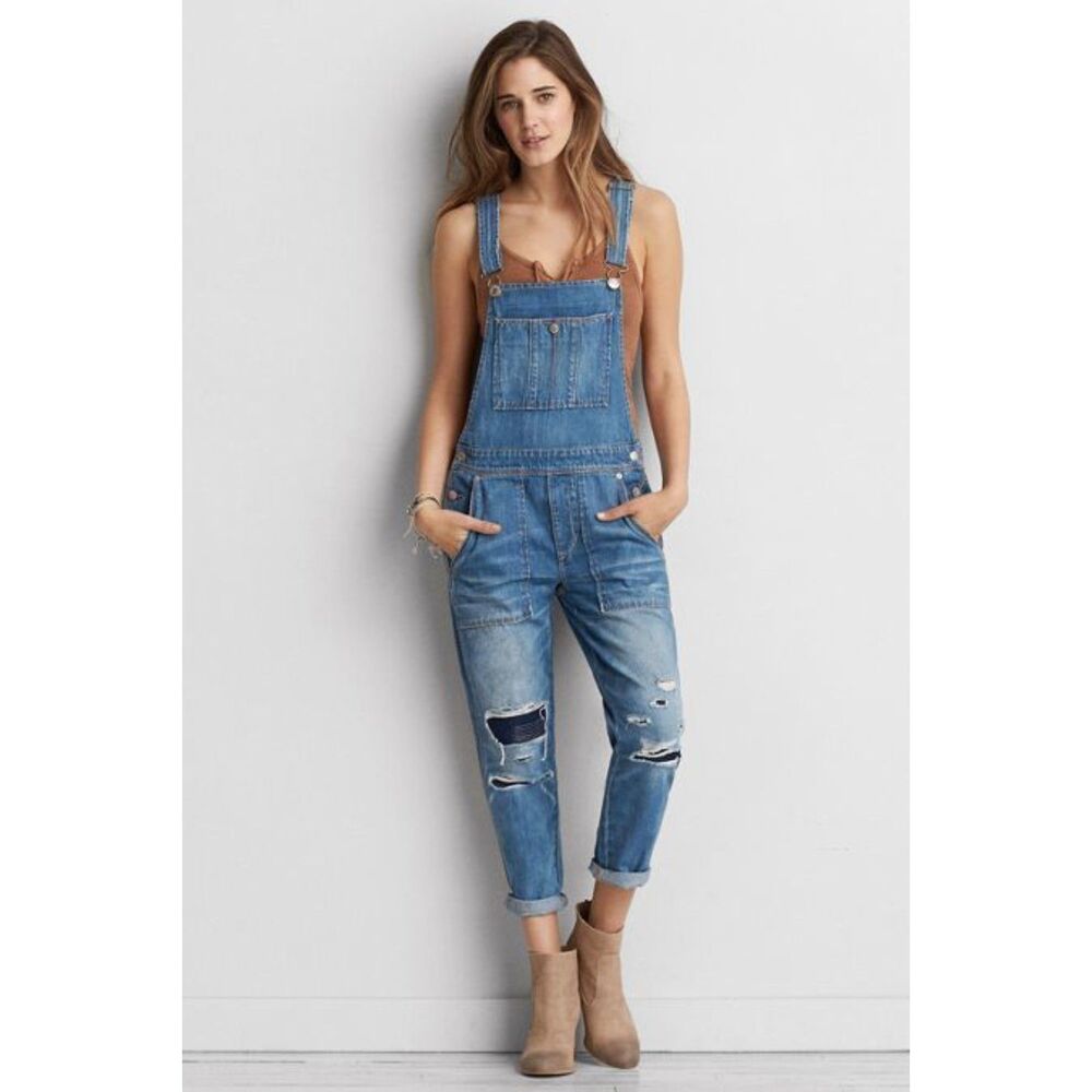 American Eagle Denim Overalls Blue Destroyed Wash Patchwork Size Medium